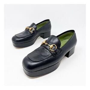 Gucci Houdan Horsebit Platform Loafers Black Leather Womens Size EU 36